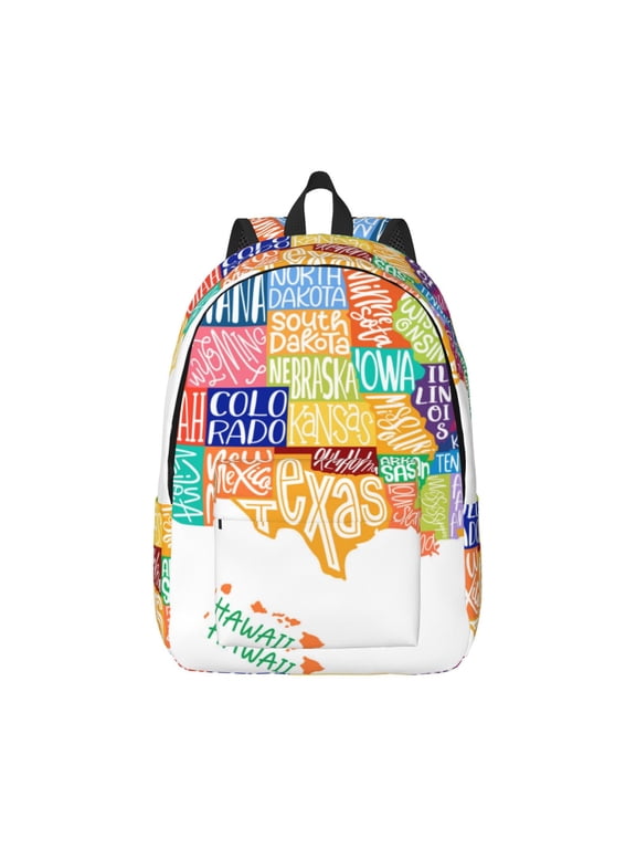 USA MAP Print Canvas College Laptop Backpack, Durable Rucksack Travel Notebook Bag School Backpack Book Bag for Men Women-Small