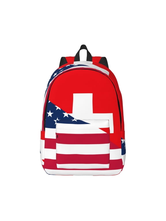 USA Switzerland Print Canvas College Laptop Backpack, Durable Rucksack Travel Notebook Bag School Backpack Book Bag for Men Women-Medium