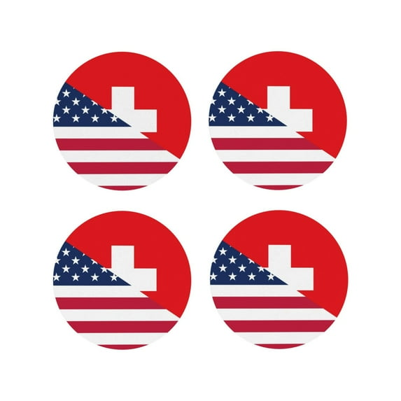 Honeii USA Switzerland print Leather Coaster Set of 4, ideal for safeguarding your furniture from drinks spills and effortless cleanup-Round Shape