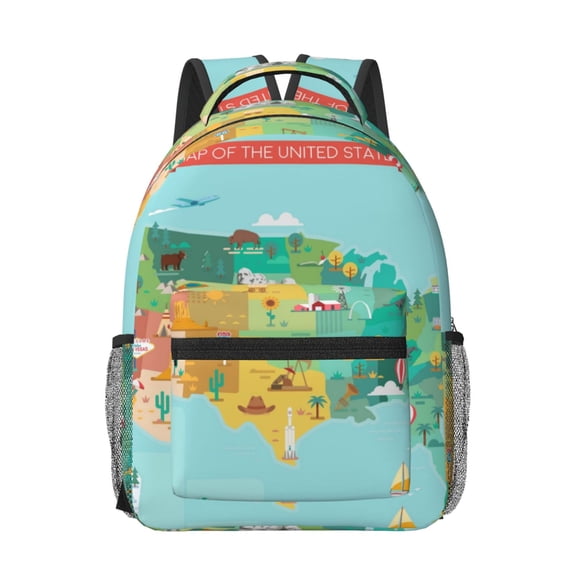 Honeii USA Tourist Map Print Backpack for School,15.6 inch Laptop Back Pack for High School and College Students, Waterproof Computer Bookbag-One Size