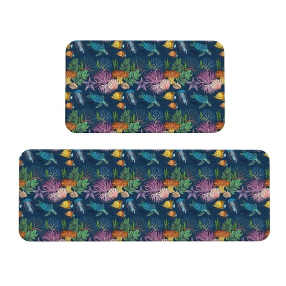 Honeii Undersea Animals Print Kitchen Mat [2 PCS] for Floor, Waterproof Non-Slip Rugs, Kitchen Decor,Standing Mat for Floor,Office, Sink, Laundry