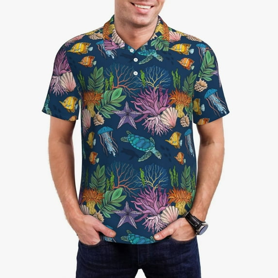 Honeii Undersea Animals print Polo Shirt, a classic short-sleeved, button-down golf shirt designed for menMedium