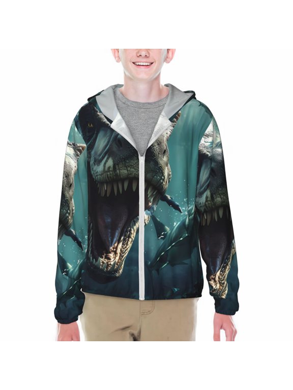 Underwater Dinosaur Shark Print Sun Protection Jacket Hooded Cooling Shirt with Pockets Hiking Outdoor Performance-Small