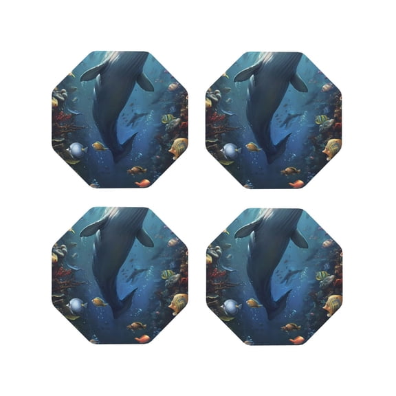 Honeii Underwater Dolphin print Leather Coaster Set of 4, ideal for safeguarding your furniture from drinks spills and effortless cleanup-Octagon