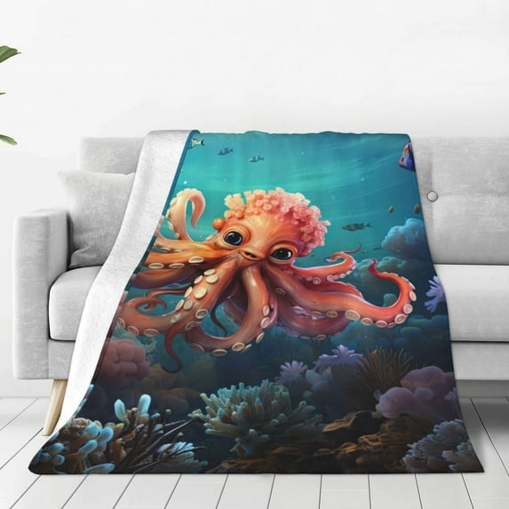 Honeii Underwater Plant Octopus Print Fleece Blanket - Throw Blanket for Bed, Sofa, Couch, Camping, and Travel , Microplush Ultra Soft Warm Blanket-60"x50"