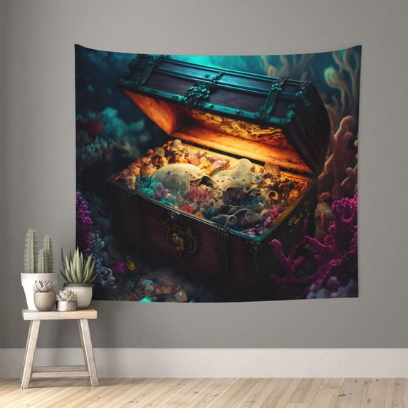 Honeii Underwater Treasure Chest print Tapestry for Bedroom, Tapestry Wall Tapestry Aesthetic, Room Decor Classroom Tapestries for Living Room Dorm Room 51" X 60"