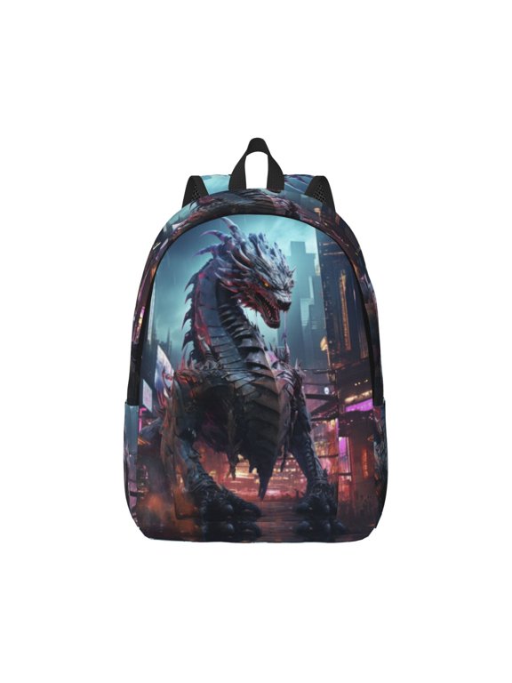 Urban Mechanical Dragon Print Canvas College Laptop Backpack, Durable Rucksack Travel Notebook Bag School Backpack Book Bag for Men Women-Small