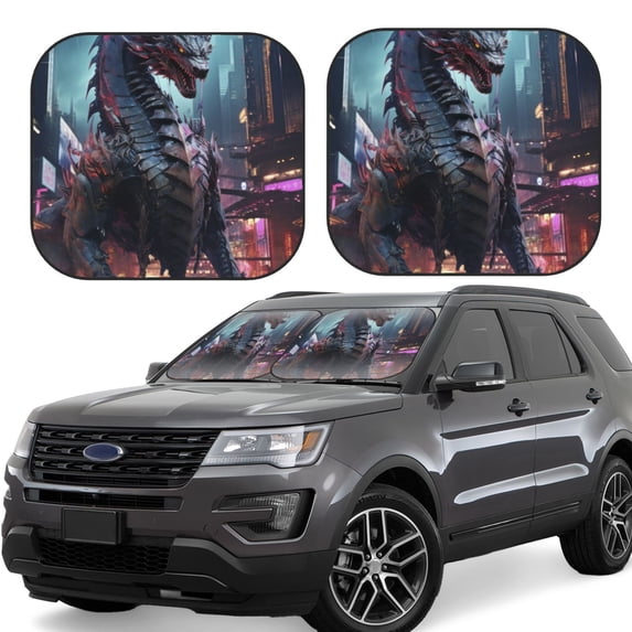 Honeii Urban Mechanical Dragon Print Foldable Car Sun Shade for Windshield, 2-Piece UV Protection Shade, Protects Car Interior, Ideal for Cars, Trucks, SUVs-Medium