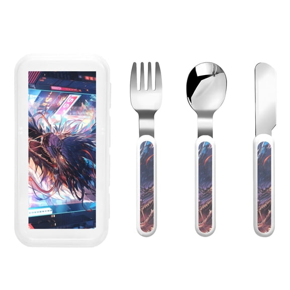 Honeii Urban Style Colorful Dragon Print Children's Knife, Fork And Spoon Set,Reusable Utensils Set with Case,Travel Cutlery Set,for Kids Adults Camping