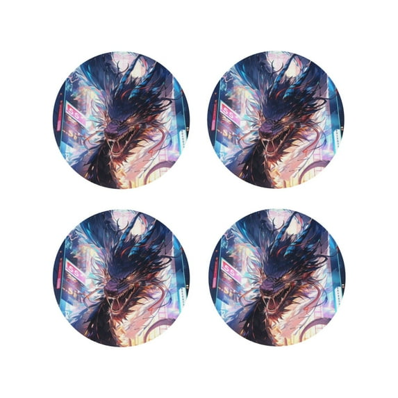 Honeii Urban Style Colorful Dragon print Leather Coaster Set of 4, ideal for safeguarding your furniture from drinks spills and effortless cleanup-Round Shape