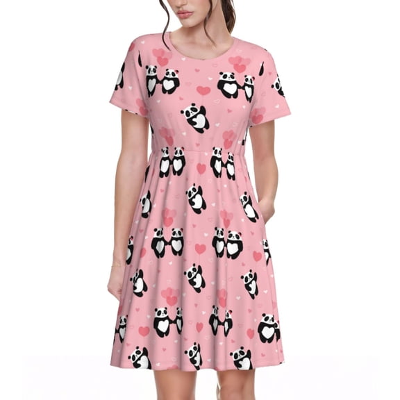 Honeii Valentine'S Day Panda Print Women’s Short Sleeve Dress, Comfortable Casual Dress, Soft Polyester Spandex Blend, Stylish Everyday Wear for Summer, Perfect for Travel and Vacation