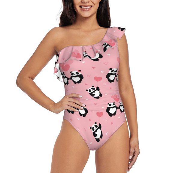 Honeii Valentine'S Day Panda for women's one-piece swimsuit featuring a chic one-shoulder design experience elegance and style in the water-Large