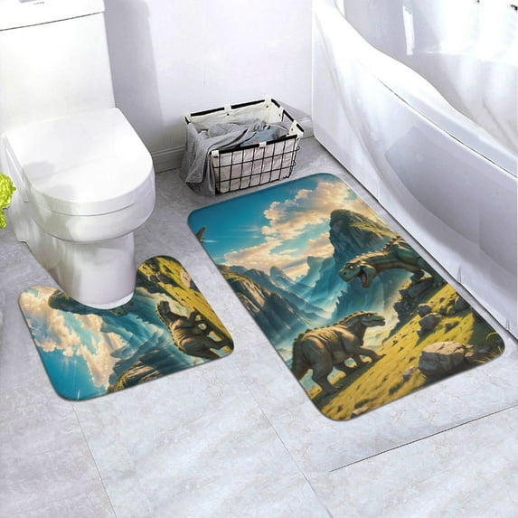 Honeii Valley River Dinosaur Pattern Bathroom Anti-Skid Pad Bathroom Mat Vintage Seamless Pattern Not-Slip Toilet Rug Set