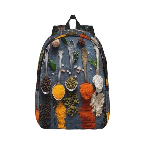 Honeii Various Herbs And Spices In Spoons Print Canvas College Laptop Backpack, Durable Rucksack Travel Notebook Bag School Backpack Book Bag for Men Women-Small