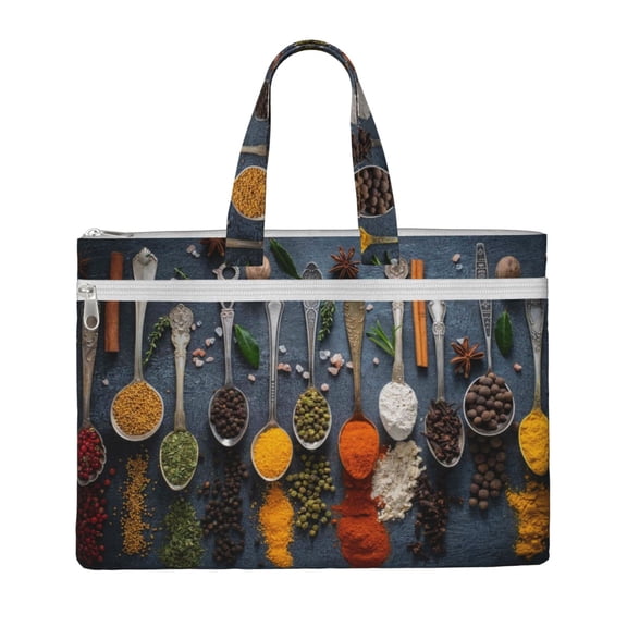 Honeii Various Herbs And Spices In Spoons Print Canvas Tote Bag with Compartments Laptop Tote Bag Large Tote Bag