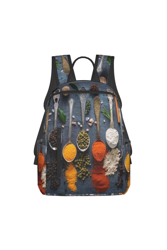 Various Herbs And Spices In Spoons Print Lightweight Backpacks,Carry on Backpack,Durable Backpack for School, Work & Travel