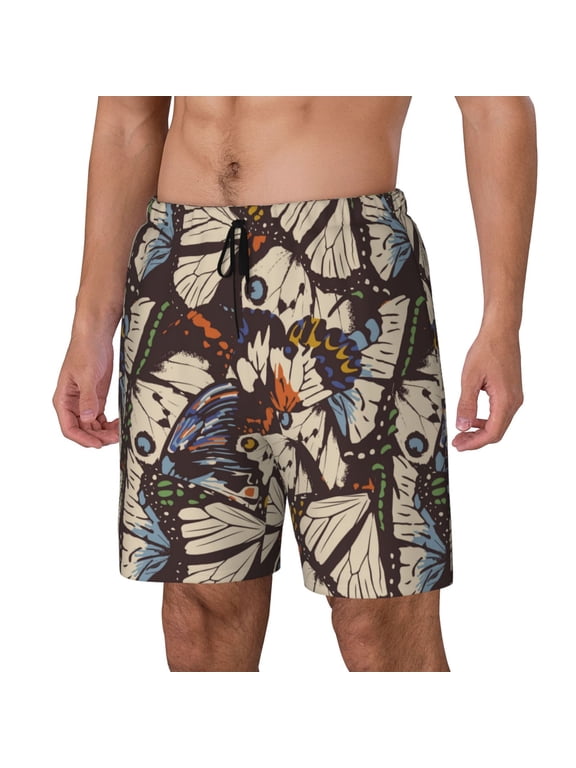 Vector Butterflies Print Men's Swim Shorts,Mens Swim Trunks,Breathable Mesh Beach Shorts for Swimming,Surfing, and Beach Activities-Small