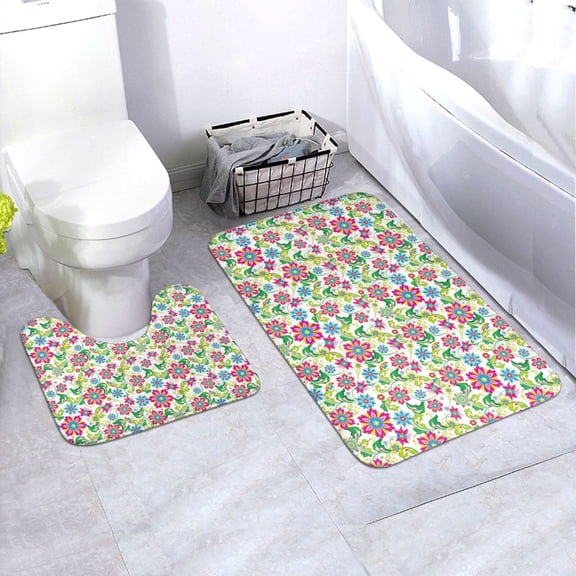 Honeii Vector Mexican Otomi Style Bright Pattern Bathroom Anti-Skid Pad Bathroom Mat Vintage Seamless Pattern Not-Slip Toilet Rug Set