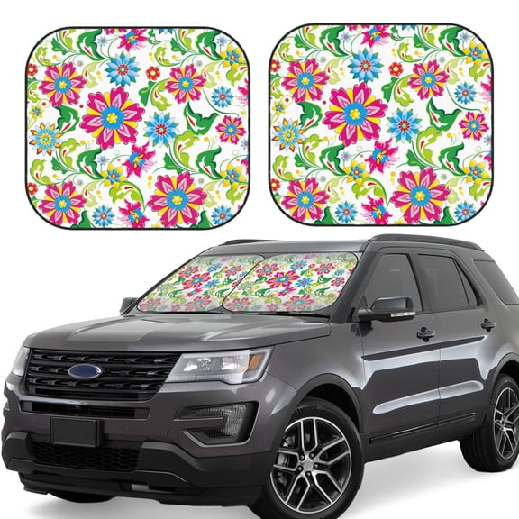 Honeii Vector Mexican Otomi Style Bright Print Foldable Car Sun Shade for Windshield, 2-Piece UV Protection Shade, Protects Car Interior, Ideal for Cars, Trucks, SUVs-Large