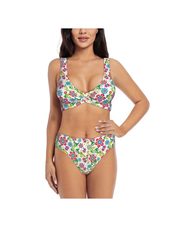 Vector Mexican Otomi Style Bright Print Women’s Bikini Set,Two Piece Swimsuit Bathing Suits,Stylish High Elasticity Swimwear for Beach and Pool