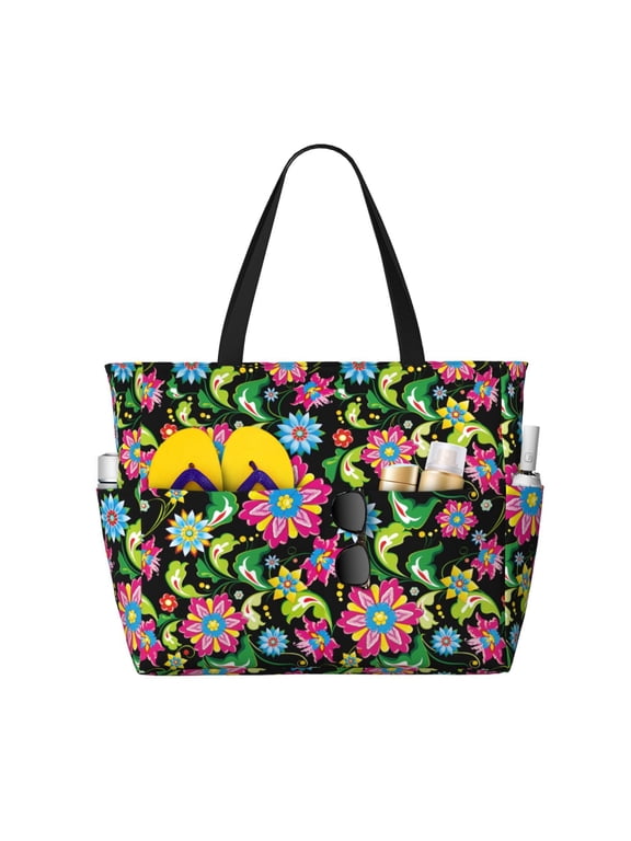 Vector Mexican Otomi Style Bright for Tote Bag with Adjustable Strap,Beach Bag, Waterproof Sandproof Beach Tote Bag, Large Capacity Foldable Beach Bags