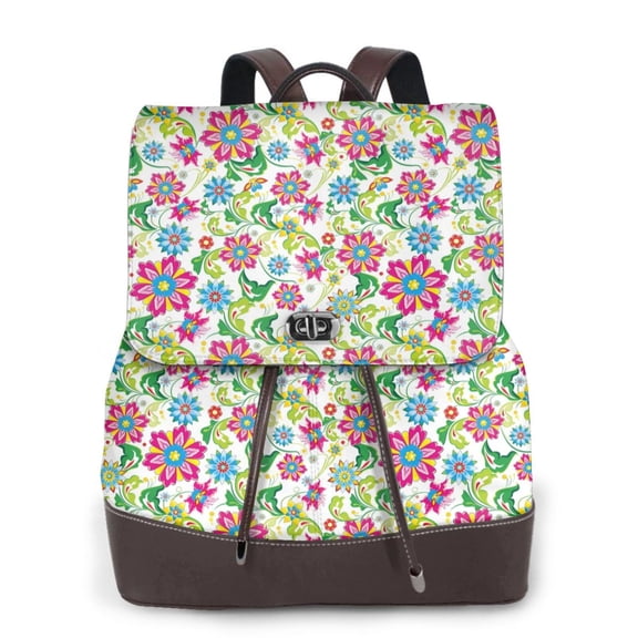 Honeii Vector Mexican Otomi Style Bright rint Leather Backpack,Trendy Leather Backpack,PU Leather Daypack, Ideal for Work, School, Nurse, College & Travel