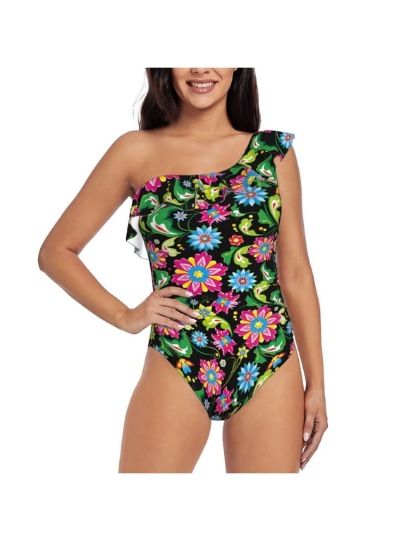Vector Mexican Otomi Style Bright for women's one-piece swimsuit featuring a chic one-shoulder design experience elegance and style in the water-Small