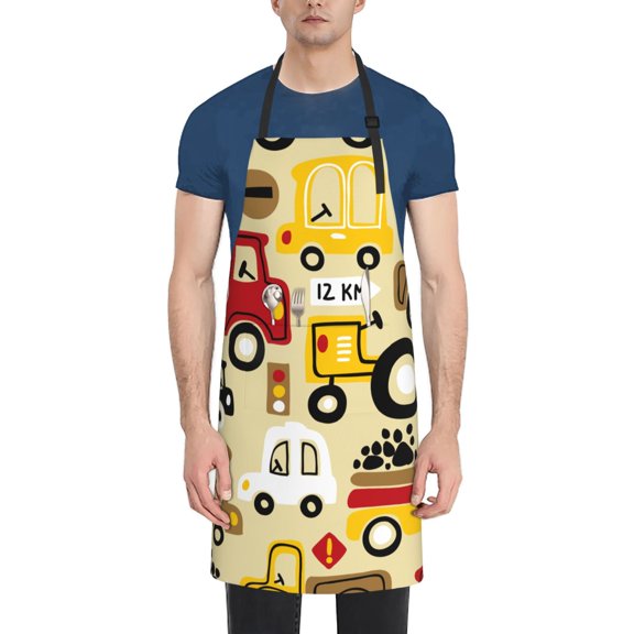 Honeii Vehicles Print Waterproof Apron, Adjustable Kitchen Apron with Pockets,for Gardening, Dishwashing, Meat Processing, Car Washing, and Pet Grooming