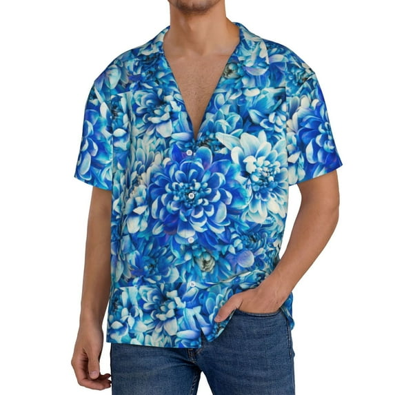 Honeii Vibrant Blue Floral for Men's Short-Sleeved Button-Up Collared Shirt Featuring A Pocket, Perfect for Beach Vacations, And Travel Adventures.-Medium
