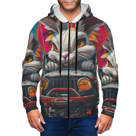 Honeii Vibrant Bunny Ride Print Hoodies for Men, Pullover & Full Zip, Breathable Zip up Hoodie, Sweatshirt-Large