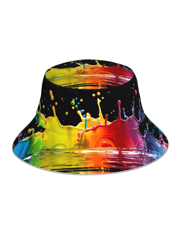 Vibrant Color Splash for Unisex Bucket Hat Waterproof Rain Hat Reversible Shiny Rave Bucket Hat for Concert Festival Boonie Cap
