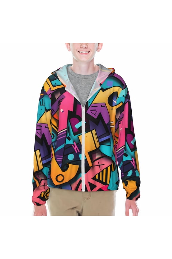 Vibrant Graffiti Urban Art Print Sun Protection Jacket Hooded Cooling Shirt with Pockets Hiking Outdoor Performance-Small