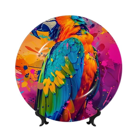 Honeii Vibrant Parrot Splash Art Print Elegant Bone China Decorative Plate, Porcelain Plate,Art Crafts,Ceramic Ornaments for Home Office Wall Decor-6in