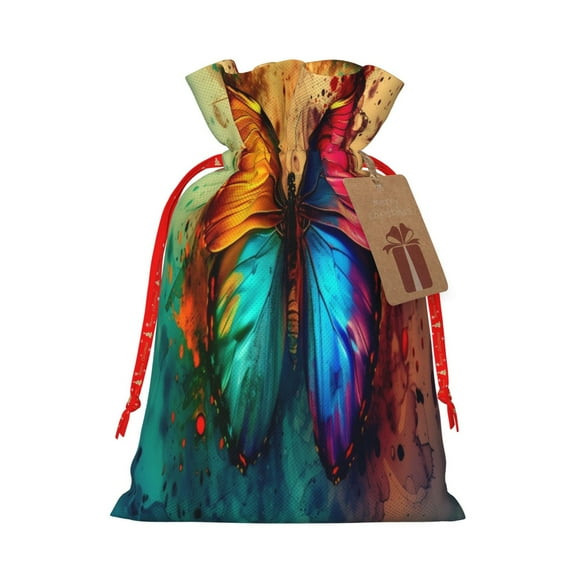 Honeii Vibrant Rainbow Butterfly A Print Small Burlap Bags,Christmas Drawstring Treat Bags Gift Bags Reusable Candy Goodie Wrapping Bags for Holiday Party Favors Supplies -Small