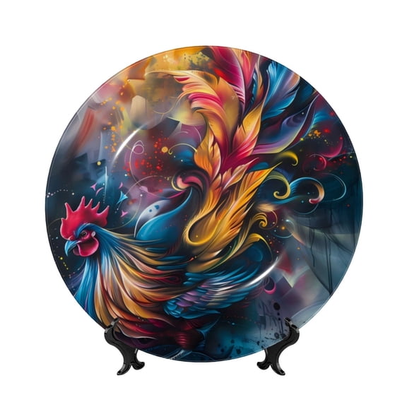 Honeii Vibrant Rooster Painting Print Elegant Bone China Decorative Plate, Porcelain Plate,Art Crafts,Ceramic Ornaments for Home Office Wall Decor-6in