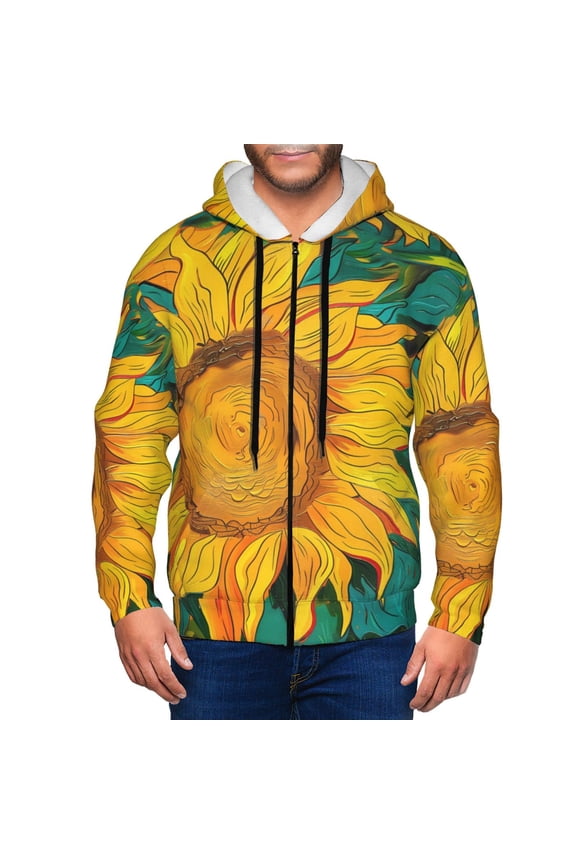 Vibrant Sunflower Painting Print Hoodies for Men, Pullover & Full Zip, Breathable Zip up Hoodie, Sweatshirt-XX-Large