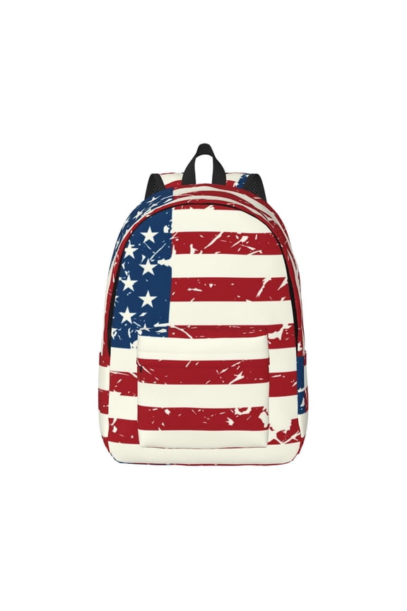 Vintage American Flag Print Canvas College Laptop Backpack, Durable Rucksack Travel Notebook Bag School Backpack Book Bag for Men Women-Medium