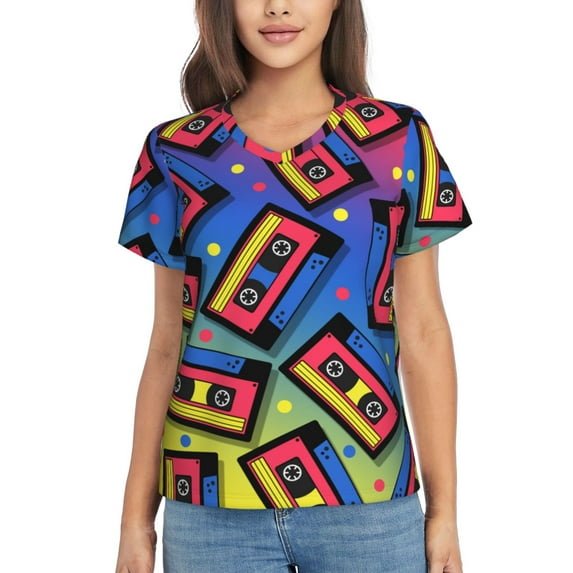 Honeii Vintage Audio Cassettes Print Women's Classic V-Neck T-Shirt,Womens Fashion Tops,Stylish Everyday Top for Women, Casual Summer Spring Outfits Clothes-3X-Large