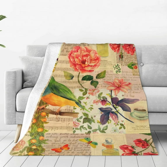 Honeii Vintage Bird Print Fleece Blanket - Throw Blanket for Bed, Sofa, Couch, Camping, and Travel , Microplush Ultra Soft Warm Blanket-50"x40"