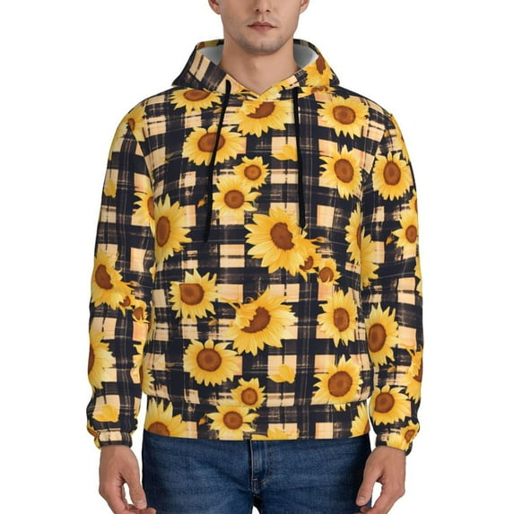 Honeii Vintage Black White Plaid Sunflowe Pattern Mens Hoodies Men's Loose Sleeve Sweatshirt,Pullover Hooded Sweatshirt for Men,Essentials Hoodie-4X-Large