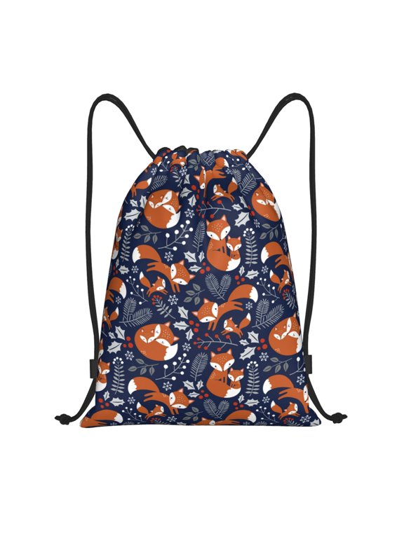 Vintage Blue Fox Family Print Drawstring Backpack,Drawstring Bags String Backpack Gym Cinch Sack Backpack Sport Bag Draw-Medium