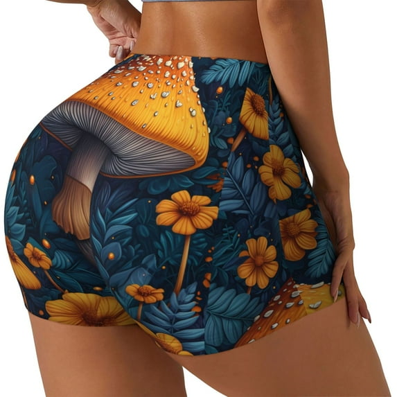 Honeii Vintage Blue Leaf Mushroom Print Women's Workout Shorts, Gym Shorts for Active Wear, Sports Shorts,Women's Running Shorts,Quick Dry Athletic Shorts-Small