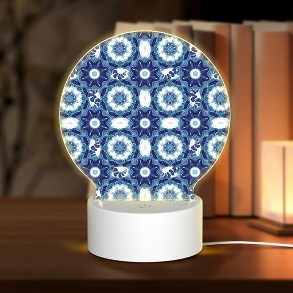 Honeii Vintage Blue Print Acrylic LED Night Lamp,Round Touch-Control Night Light with 3 Lighting Modes,for Bedrooms, Living Rooms, and Gifting