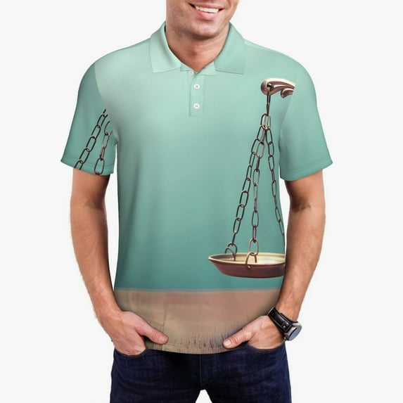Honeii Vintage Brass Balance Scale Print Polo Shirt, A Classic Short-Sleeved, Button-Down Golf Shirt for Men,Mens Polo Shirts Short Sleeve-X-Large