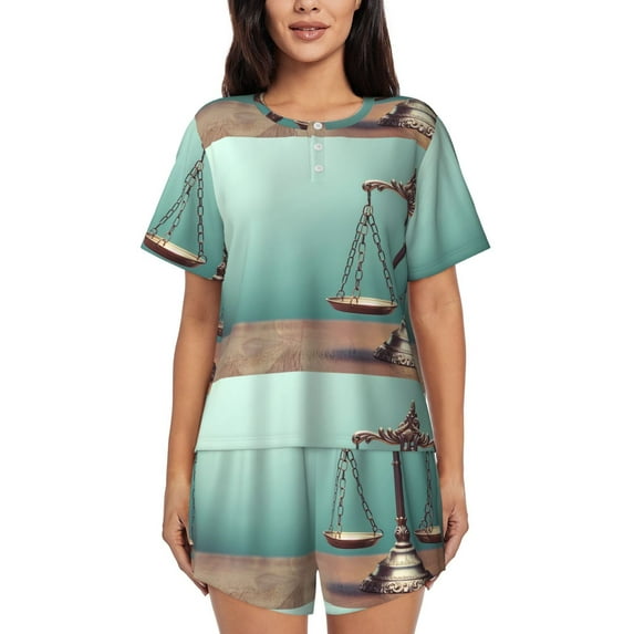 Honeii Vintage Brass Balance Scale for Women's Summer Pajama Set ,Soft Short Sleeve Shirt & Matching Bottoms,Loungewear,2PCS Sleepwear Relaxed Home Wear-XX-Large