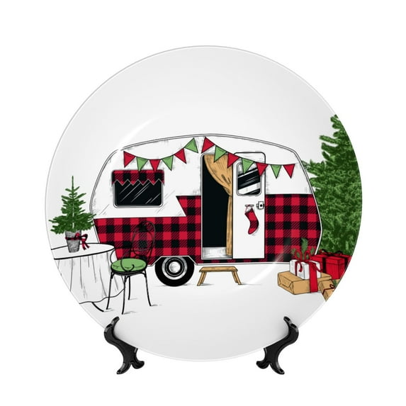 Honeii Vintage Buffalo Plaid Christmas Camper Print Elegant Bone China Decorative Plate, Porcelain Plate,Art Crafts,Ceramic Ornaments for Home Office Wall Decor-10in