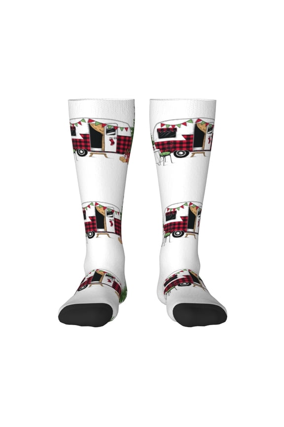 Vintage Buffalo Plaid Christmas Camper Print Long Socks,Novelty Design Socks Gift for Men and Women,Crew Socks,Calf Socks
