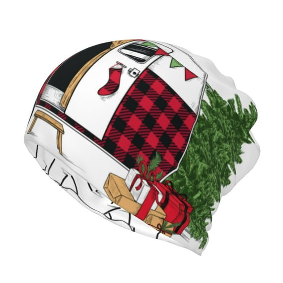 Honeii Vintage Buffalo Plaid Christmas Camper Print Winter Beanie Daily Hat - Thermal Polar Fleece Ski Running Hat Skull Cap for Men and Women,Beanie