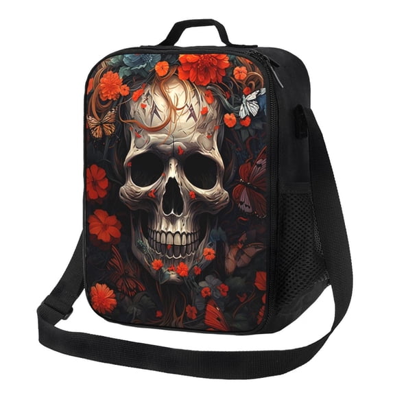 Honeii Vintage Butterfly Flower Skull Print Insulated Lunch Bag, Reusable Lunch Box for Adult, Leakproof Cooler Bag for Work Office Travel Picnic