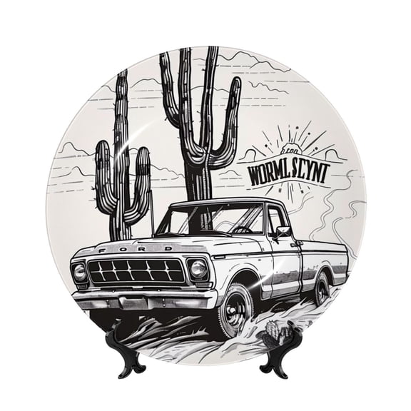 Honeii Vintage Cactus Pickup Print Elegant Bone China Decorative Plate, Porcelain Plate,Art Crafts,Ceramic Ornaments for Home Office Wall Decor-7in